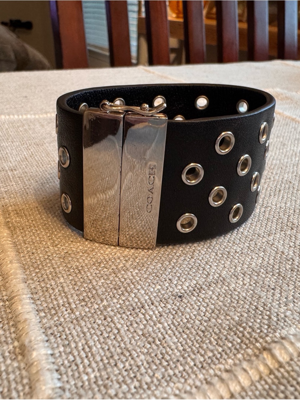 Coach Black Leather Grommet Cuff with Silver-Tone Plate